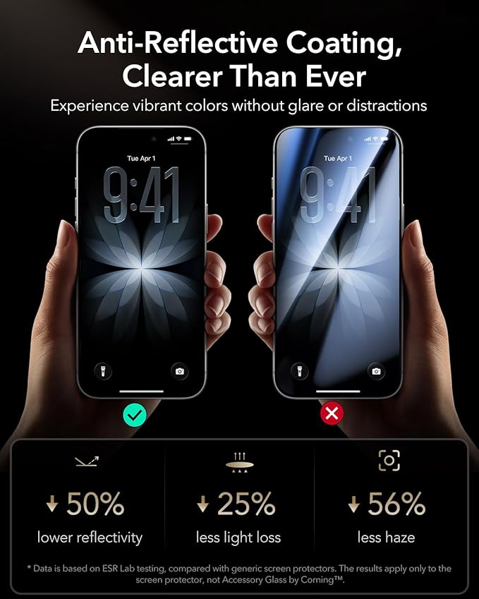 ESR Accessory Glass by Corning™ 3 Pack 9H+ Glass for iPhone 17/iPhone 16 Pro Screen Protector, with AR Anti-Reflective Technology, Military Grade Shatterproof & Durable with UltraFit Tray