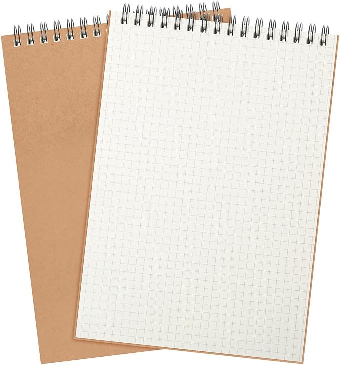 Engrowtic 2 Pack Graph Paper Spiral Notepad A5 Top Wirebound Notepad Grid Notebook Steno Pads Memo Notebook Grid Paper 140 Pages for Writing Sketching Drawing Office Supplies (Kraft)