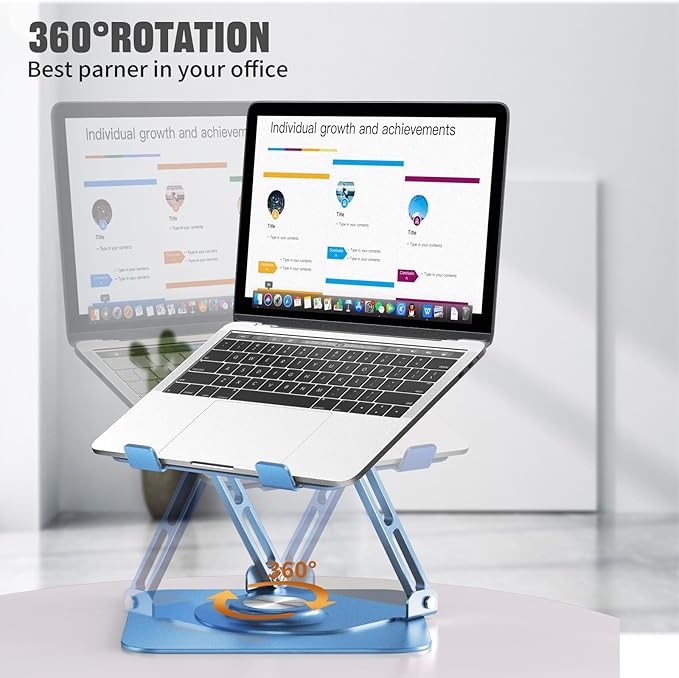 JOYEKY Laptop Stand for Desk, Adjustable Computer Stand with 360° Rotating Base, Ergonomic Laptop Riser for Collaborative Work, Foldable & Portable Laptop Stand, fits for All 10-16" Laptops (Blue)