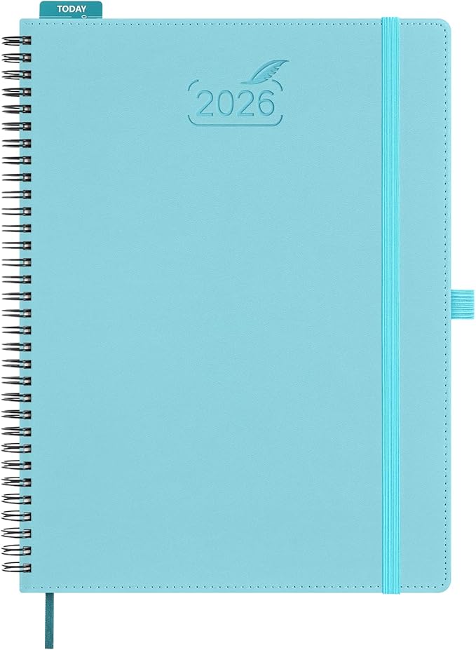 BEZEND 2026 Planner Weekly and Monthly (8.5" x 11" Spiral) Daily Calendar with Hourly Timeslots & Tab (Jan-Dec) Note & Expenses, Pen Holder, Inner Pocket, Vegan Leather Softcover - Sky Blue