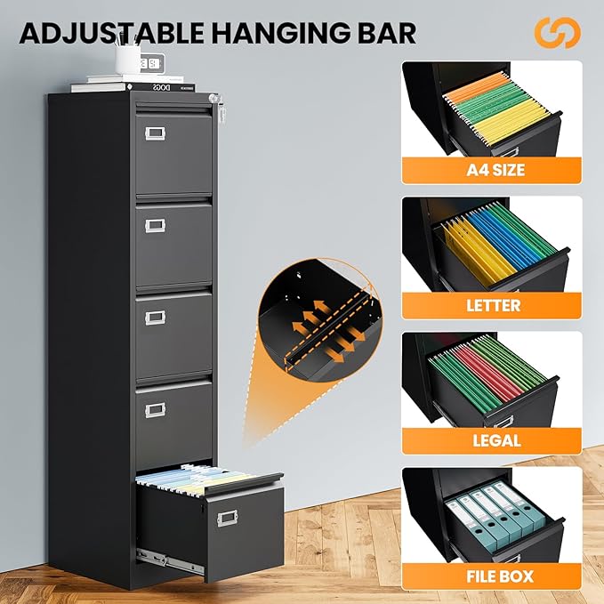 AFAIF 5 Drawer File Cabinet with Lock, Metal Filing Cabinets for Home Office, Vertical Black Locking File Caninet, Steel Narrow Five Drawer File Cabnet for Letter/Legal / A4 / B4- Assembly Required