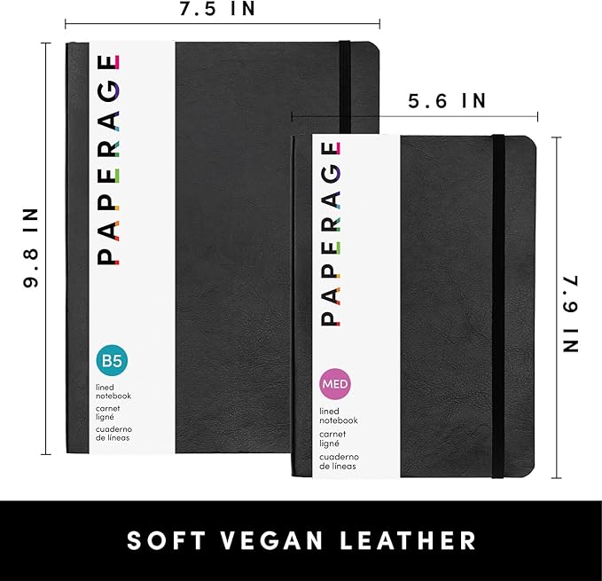 PAPERAGE Softcover Lined Journal Notebook (Black), 160 Pages, Medium College Ruled Notebook, 5.6 inches x 7.9 inches - 100 GSM Thick Premium Paper, Soft Vegan Leather Journal for Home, Work & School