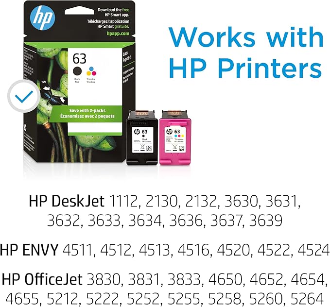 HP 63 Black, Tri-Color Ink Cartridge Printers (2-Pack), Works with DeskJet 1112, 2130, 3630 Series; Envy 4510, 4520; OfficeJet 3830, 4650, 5200, Eligible for Instant Ink, L0R46AN
