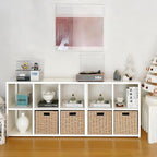 IRONMIX White Cube Storage Organizer with 4 Storage Basket, Metal Short Bookshelf with Storage, 2 Tier Horizontal Bookshelf, Small Cube Bookcase for Home Office Library (White, 700+1037 with Basket)