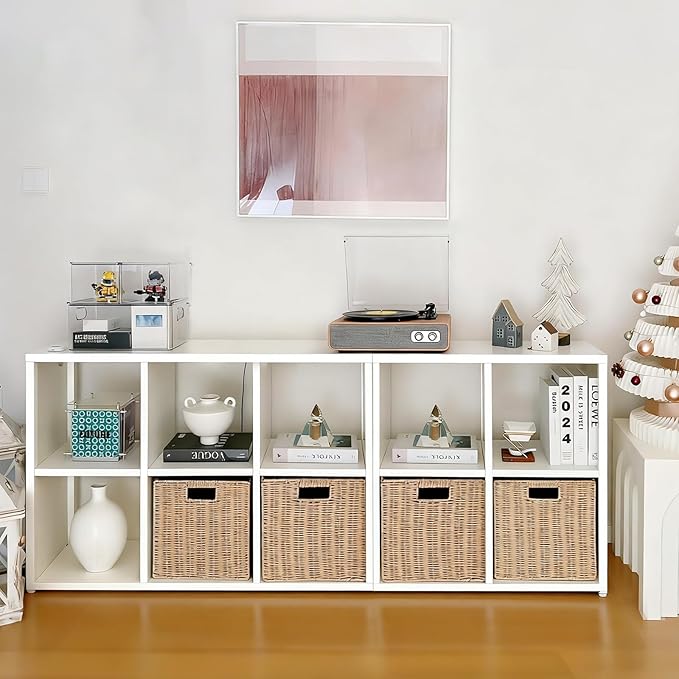 IRONMIX White Cube Storage Organizer with 4 Storage Basket, Metal Short Bookshelf with Storage, 2 Tier Horizontal Bookshelf, Small Cube Bookcase for Home Office Library (White, 700+1037 with Basket)