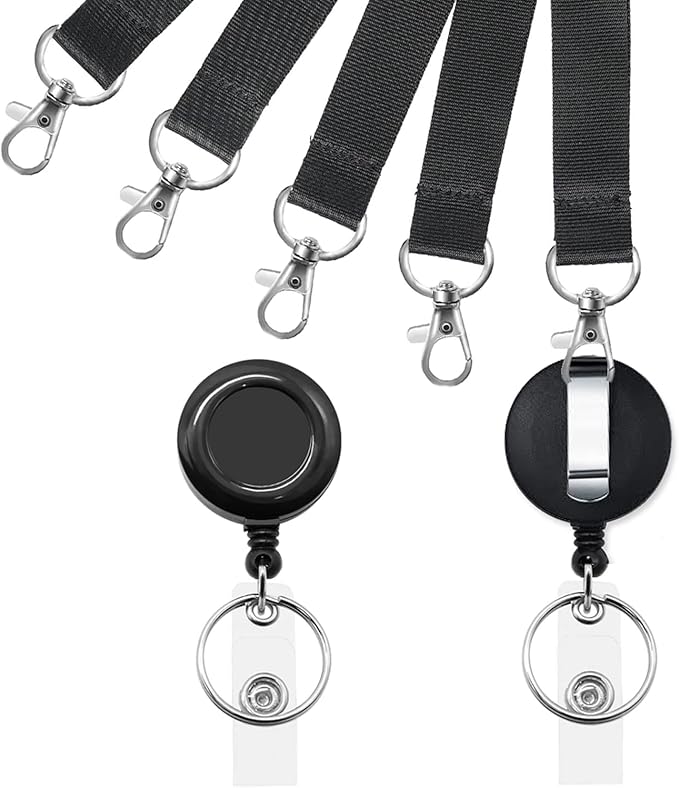 YOUOWO 5 Pack Black Lanyards with Vertical ID Badges Holder and Retractable Badge Reels,Neck Lanyard for Keys Card Holder