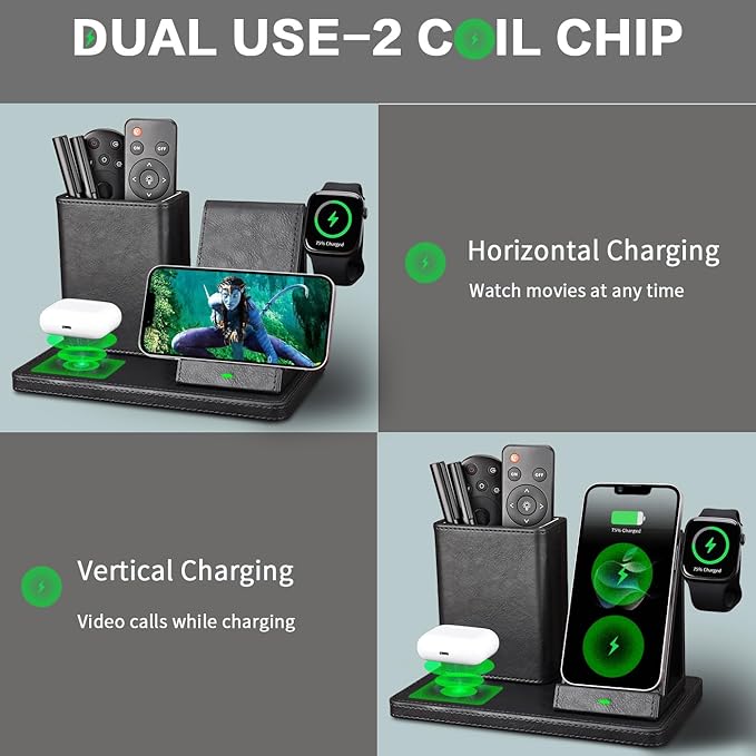 LADSTAG Office Supplies Desk Accessories,Pen Holder Remote Control Holder, Organizer with Phone Charger,Nightstand Desktop Organizer,Black Leather Desk Organizer With Charging Station (black)