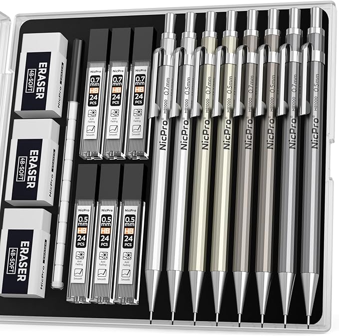 Nicpro 8 Pack 0.5mm & 0.7mm Metal Mechanical Pencil Set, MB1000 Lead Drafting Pencil for Artist Writing, Sketching, Drawing with 6 Tubes HB Lead Refills, 3PCS 4B Eraser, 9PCS Cap Eraser - With Case