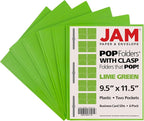 JAM PAPER Plastic Color POP Folders - 2 Pocket Durable Folders with Metal Prongs Fastener Clasps - Lime Green - 6/Pack