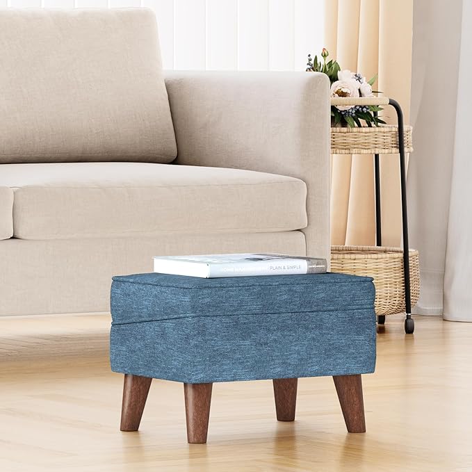 FAGAGA Small Footstool Ottoman with Storage, Ottoman Foot Rest, Modern Foot Stool with Adjustable Lid and Sturdy Wood Legs for Living Room, Bedroom, Couch, Enterway, Blue