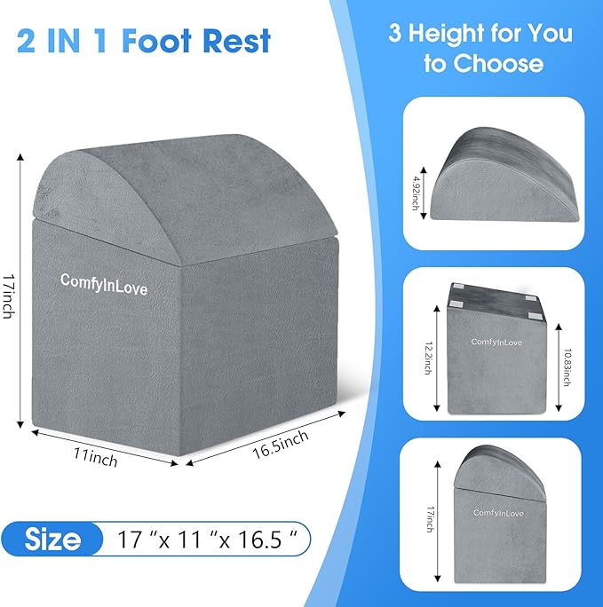 ComfyInLove Foot Rest for Under Desk at Work - Non-Slip Foot Stool with 3 Adjustable Heights, Ergonomic Under Desk Footrest with Washable Cover for Desk, Home, Office, Car (Light Grey)