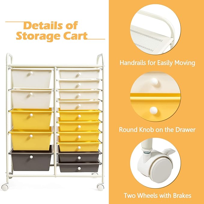 DORTALA 15-Drawer Rolling Storage Cart with Drawers, Rolling Utility Cart w/Removable Drawers & Universal Wheels, Tools Scrapbook Paper Organizer for School, Office, Home, Classroom (Yellow)