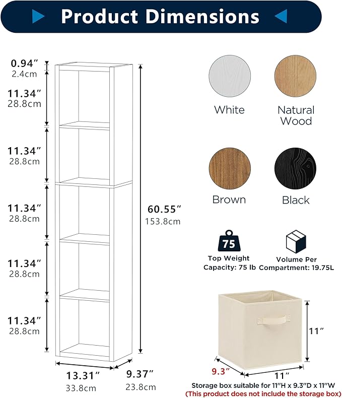 Jpiziso 5 Cube Storage Organizer Single Row, Cube Shelf with Heavy-Duty Thick Boards, 13.31" L x 9.37" W x 60.55" H, Smooth Easy-Clean Panels, Simple Assembly, for Living Room Bedroom Office, Brown