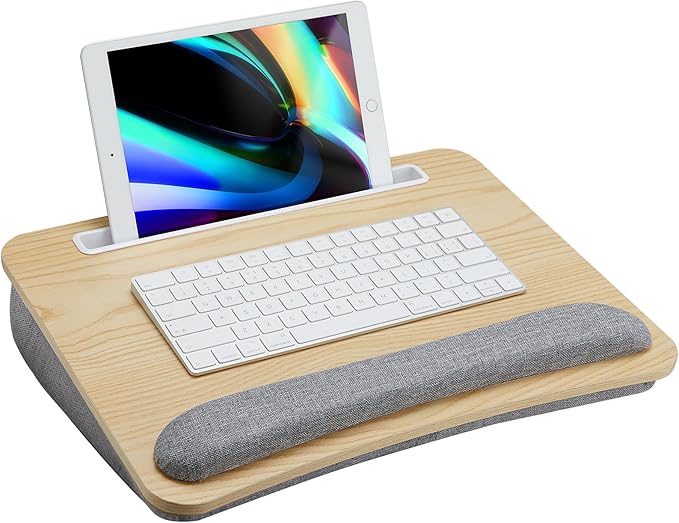 HUANUO Lap Laptop Desk - Portable Lap Desk with Pillow Cushion, Fits up to 15.6 inch Laptop, with Anti-Slip Strip & Storage Function for Home Office Students Use as Computer Laptop Stand - Light Wood