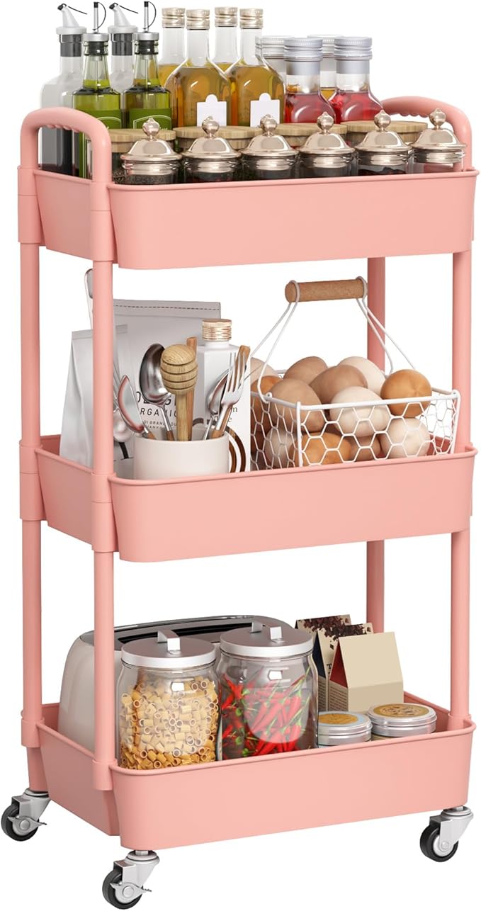 Sywhitta 3-Tier Plastic Rolling Utility Cart with Handle, Multi-Functional Storage Trolley for Office, Living Room, Kitchen, Movable Storage Organizer with Wheels, Pink