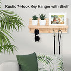 Lwenki Decorative Key Holder for Wall with Shelf, Entryway Shelf with Hooks Holds Leashes, Jackets and Glasses – Sturdy Wood Keyholder Entrance Hanger with Mounting Hardware (Wood, Large)