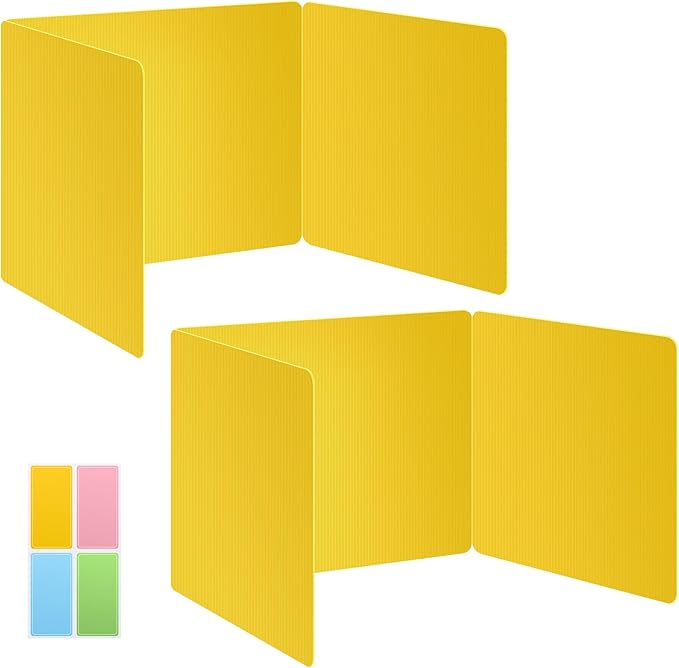 2 Pack Yellow Desk Dividers for Students, Privacy Shields Folder for Students, Durable & Waterproof Plastic Study Board, Classroom Teacher Supplies Test Divider, Includes Extra Labels