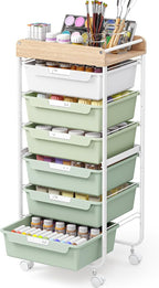 Rolling Storage Utility Cart With 6 Drawers,Art Supply Craft Organizer,Sewing Makeup Organizer And Storage,Office Organization Wooden Tabletop,Green