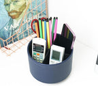 Hennaja Round Leather Art Supply Organizer,Remote Control Holder,360 Degree Spinning,Multi-Functional Pencil Holder,4 Compartments Desktop Stationary Organizer(1-Lichee Blue)