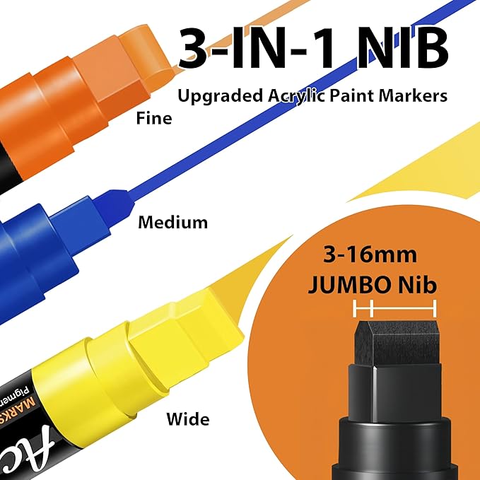 Acrylic Paint Markers, 10 Colors Poster Markers Jumbo 16mm Wide Tip Permanent Ink 36g, Thick Acrylic paint pens for Fabric, Poster, Glass, Rock Painting, Stone, Wood, Car, Ceramic