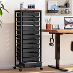SYKIARIOL Rolling Cart with Drawers,12 Drawer Rolling Cart,Rolling storage cart with drawers,Black Rolling Drawer Cart,Teacher Rolling Cart for Classroom Storage,Craft Cart with Wooden Tabletop