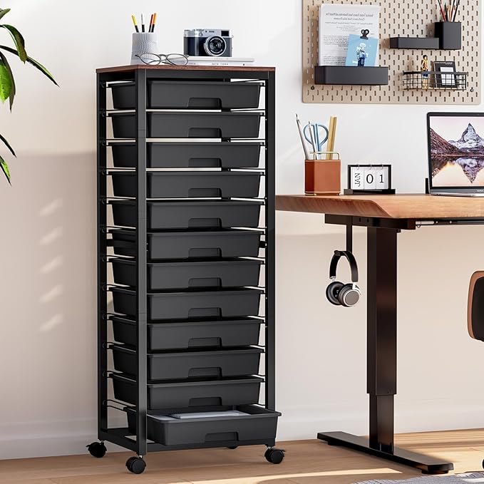 SYKIARIOL Rolling Cart with Drawers,12 Drawer Rolling Cart,Rolling storage cart with drawers,Black Rolling Drawer Cart,Teacher Rolling Cart for Classroom Storage,Craft Cart with Wooden Tabletop