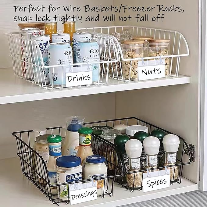 ChanQnTon Plastic Shelf Labels,3.94 * 1.57inch 60pcs Label Holders with 120pcs Snap Lock Hanging Loops and 60pcs Matched Paper Inserts for Wire Basket,Price Tags,Shelf Tags for Wire Shelving