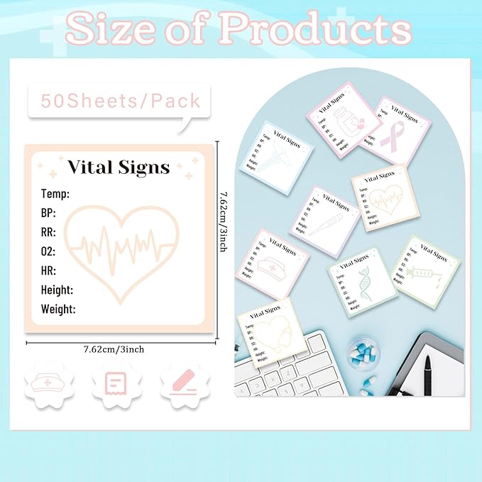 Lovarywow Vital Signs Sticky Notes Gifts, 9 Pack Vitals Notepad 3x3 Inch, Nurse Daily Monitoring Post Memo Pads, Patient Health Checklist Self-Stick Notes Office Hospital Supplies (450 Sheets)