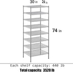 Regal Altair 24" Deep x 30" Wide x 74" Height Wire Shelving Kit | 8-Tier | NSF Commercial Storage Rack Unit