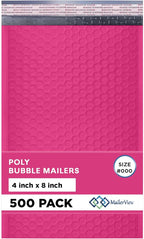MAILERVIEW Hot Pink Small Bubble Mailers 4x8 Inch #000 | Thick Padded Poly Bubble Mailer Envelopes | 500 Pack Bulk | Trading Card Sports Card Shipping