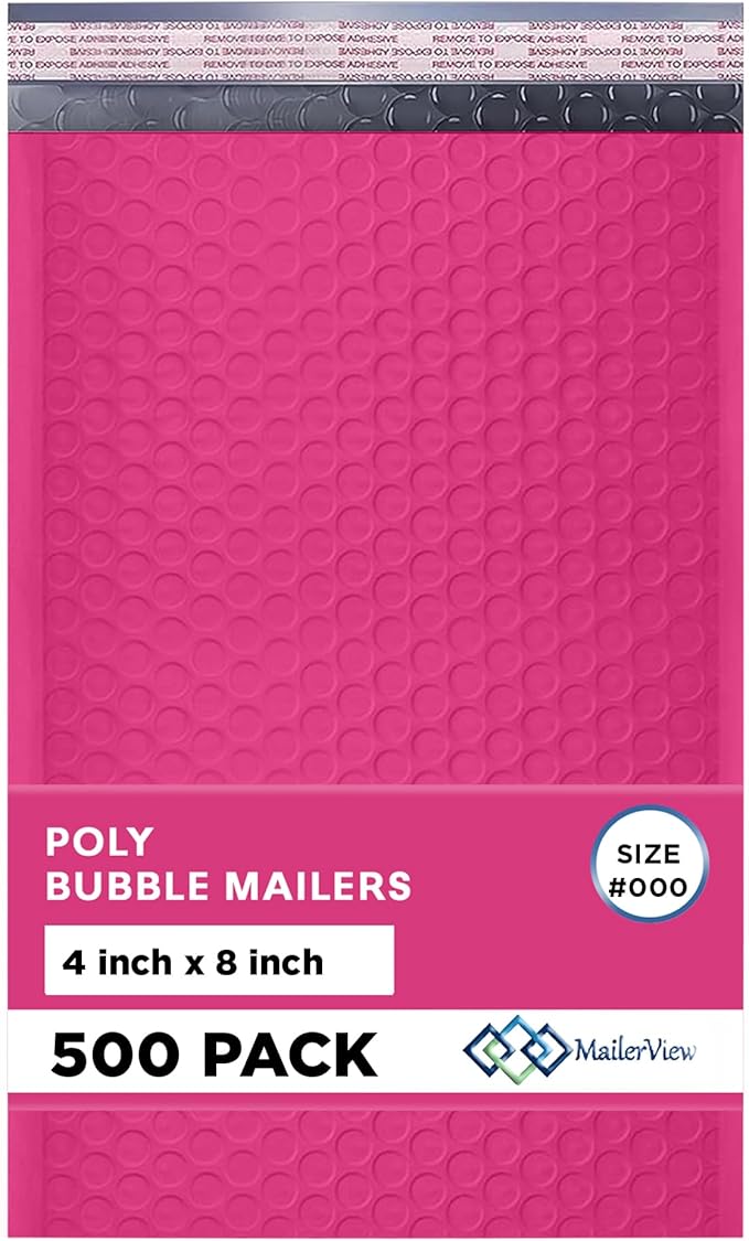 MAILERVIEW Hot Pink Small Bubble Mailers 4x8 Inch #000 | Thick Padded Poly Bubble Mailer Envelopes | 500 Pack Bulk | Trading Card Sports Card Shipping