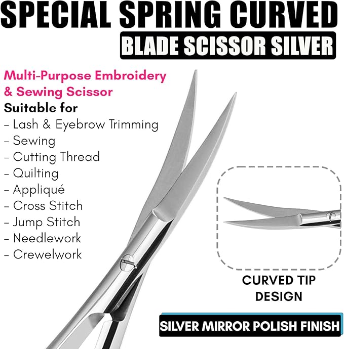 Cross Edge Curved Spring Scissors 5 Inch Stainless Steel Precision Eyebrow & Eyelash Shaping & Trimming Scissor, Snips Squeeze, Embroidery, Knitting Micro Tip Craft Scissors (Silver)