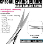 Cross Edge Curved Spring Scissors 5 Inch Stainless Steel Precision Eyebrow & Eyelash Shaping & Trimming Scissor, Snips Squeeze, Embroidery, Knitting Micro Tip Craft Scissors (Silver)