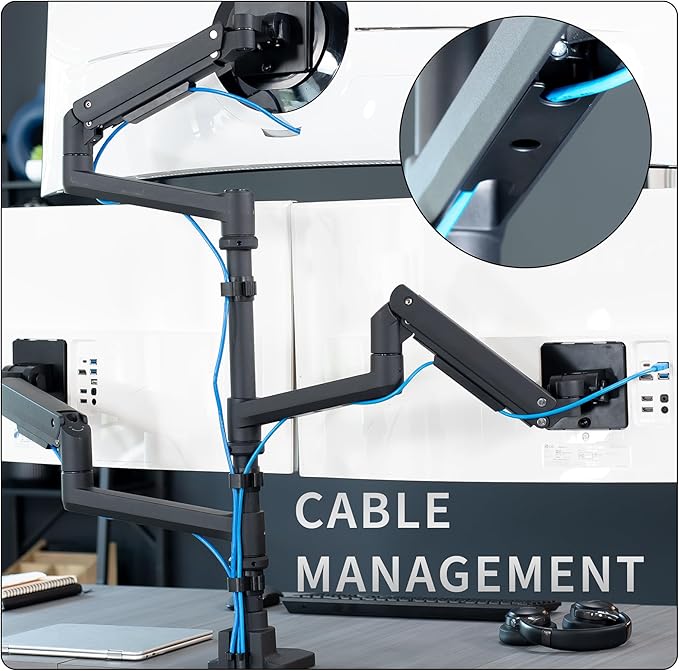 VIVO Pneumatic Arm Triple Ultrawide Monitor Extra Tall Desk Mount for Up to 49 inch Screens, Heavy Duty Clamp, Holds 3 Ultra Wides Up to 44 lbs, Black, STAND-V300D