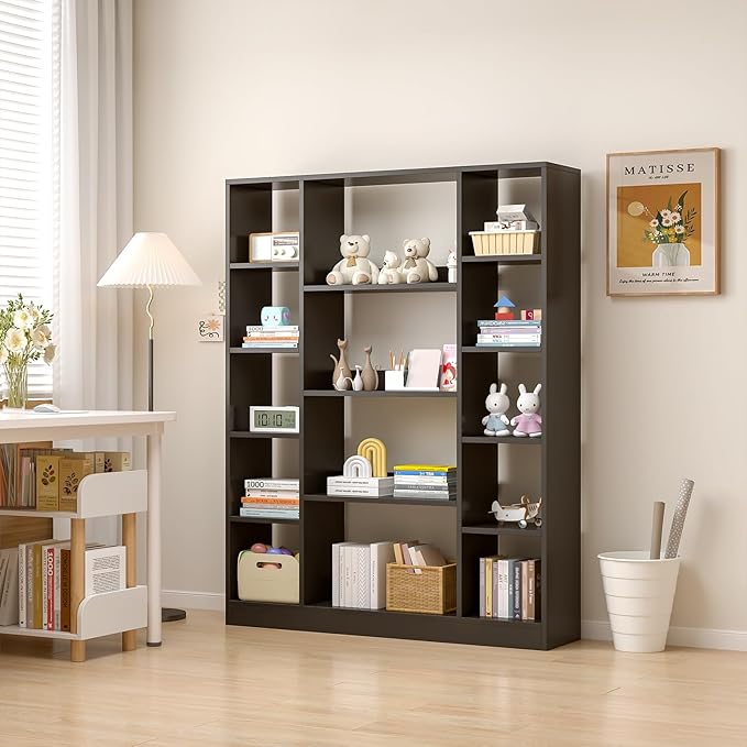 OSCHF Cube Storage Bookcase with Base - Large Wooden Bookshelf with 10 Open Cubes and 4 Shelves for Home and Office, Freestanding Organizer, Black