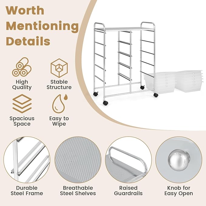 HAPPYGRILL 10-Drawer Rolling Storage Cart, Storage Organizer Cart with Lockable Wheels, Beauty Salon Movable Utility Cart for School, Office, Home, (Clear)