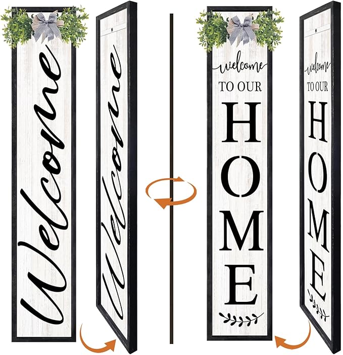 Double-sided Welcome to Our Home Wooden Sign Stand with Magnetic-adhesive Wreath for Front Door, 47" Vertical Farmhouse Welcome Porch Sign, 2in1 Large Tall Porch Leaner Decor for Outdoor Patio Garden