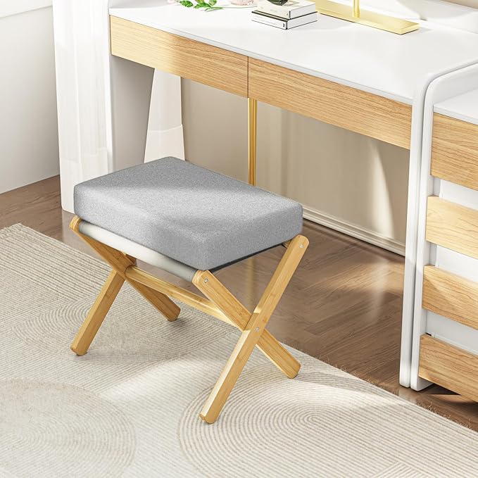 BAMBOOHOMIE Foldable Foot Stool Ottoman, Modern Foot Rest with Bamboo X Legs & Thick Foam Cushion, Folding Foot Stools Small Padded for Bedroom Living Room, Footstool for Chair Couch (Natural - Grey)