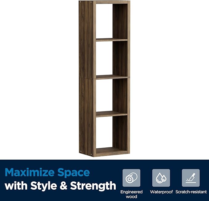 Jpiziso 4 Cube Storage Organizer Single Row, Cube Shelf with Heavy-Duty Thick Boards, 13.31" L x 9.37" W x 48.82" H, Smooth Easy-Clean Panels, Simple Assembly, for Living Room Bedroom Office, Brown