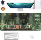 Black Cat Mouse Pad Green Plants Desk Mat Pad Anime Large Gaming Cartoon Cute Mouse Pad,Stitched Edges Non-Slip Waterproof Rubber Base Mous Mat for Office Home Work Gaming(27.5X11.8 in)