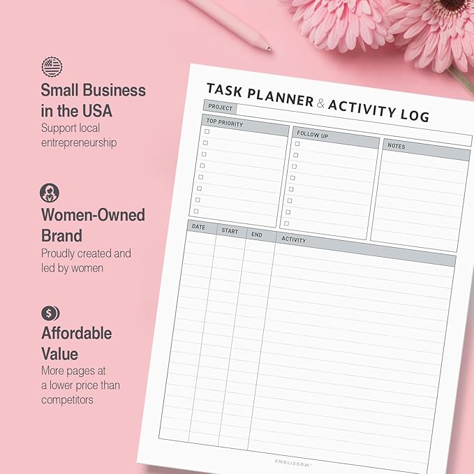 Task Planner & Tracker 8.5 x 11 Tear-Off 70 Sheet Planner Pad – Project Organizer with Time Log, Top Priority, Follow-Up – Notepad for Home & Office (White, Classic, 1 Pack)
