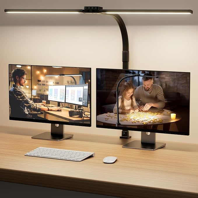 SIBRILLE LED Desk Lamp for Home Office - Dimmable Computer Desk Light with Clamp, Modern Architect Task Lamp with Color Changing, Flexible Desktop Lamp with Gooseneck for Monitor, Double Head, Black