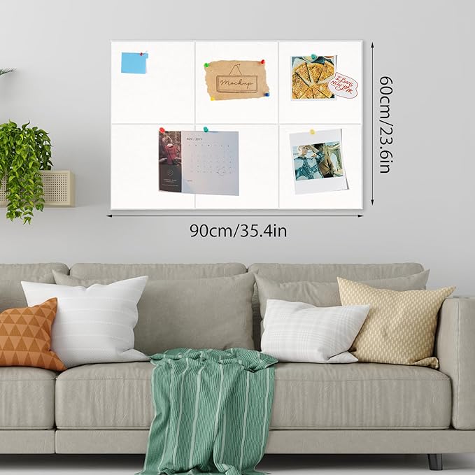Thboxes Large Cork Board 36" x 24", 6 Pack Felt Wall Tiles with Colored Pushpins, Bulletin Board with Removable Self-Adhesive Strips, Pin Boards Cork Boards for Walls Office Home School-White