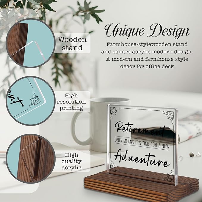 Retirement Adventure Acrylic Desk Sign with Motivational Quote, Inspirational Gift for Women Men, New Chapter Office Decor, Modern Farewell Keepsake for Coworker Friend Parent PA126