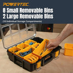 POWERTEC Small Parts Organizer & Tool Box – 10 Compartments, IP65 Water & Dust Protection, Stackable Storage with Interlocking Latch, Removable Tray, Clear Lid, Portable Design (72365)