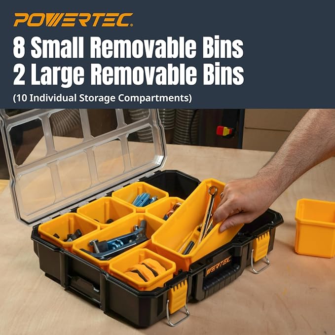 POWERTEC Small Parts Organizer & Tool Box – 10 Compartments, IP65 Water & Dust Protection, Stackable Storage with Interlocking Latch, Removable Tray, Clear Lid, Portable Design, 2-Pack (72365-P2)