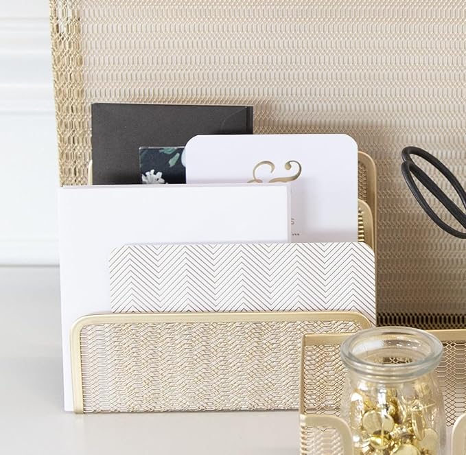 BLU MONACO | Gold Metal Mesh Mail Sorter Organizer Countertop | Paper Sorter for Desk with Three Tiers | Letter Organizer and Outgoing Mail Holder