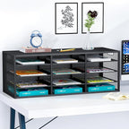 PAG-Mass Mail Sorter Adjustable Countertop Heavy Duty Literature Organizer Student Mailbox for Classroom Desktop Bill Paper Holder Rack for Office Home School, 12 Compartments, Black