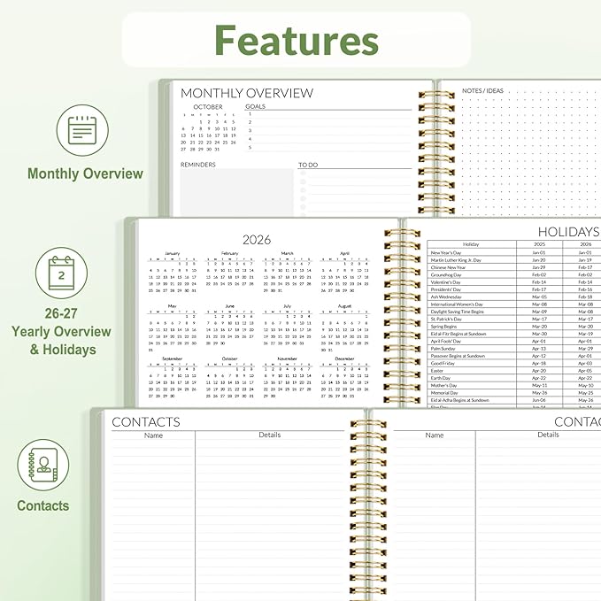 SUNEE 2026-2027 Planner - 24 Months (Jan 2026 - Dec 2027) - 7"x10" Monthly Spreads & Yearly Planner, Sage Green