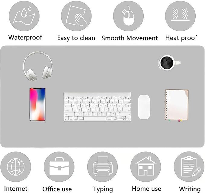 PU Leather Desk Pad Protector Gaming Mouse Pad Non Slip Desk Mat for Keyboard and Mouse Waterproof Desk Writing Pad for Office and Home Desk Accessories(Gray, 23.6 * 11.8)